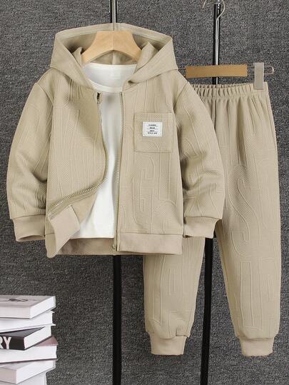 2pcs/Set Young Boy Casual Apricot English Knit Jacquard Hooded Zipper Fleece Jacket With Elastic Waist Pants, Suitable For 4Y-7Y Boys Outdoor, Street, Photo Shoot Activities, Autumn/Winter,Thermal Thermal Lined