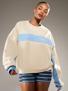MISSGUIDED Sudadera oversize de cuello redondo con bloques de color y detalles de paneles contrastantes para capas casuales - Beis - Ver 4