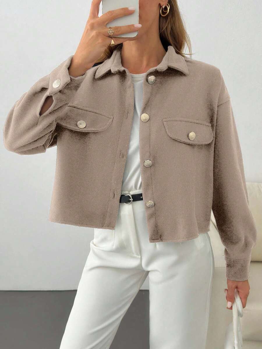 SHEIN Cottnline Solid Color, Gold Button Details, Coat - Beige - View 1