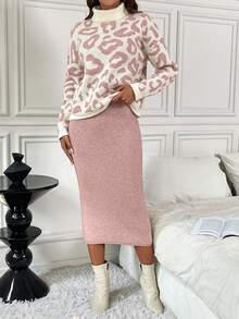SHEIN Clasi 2 件套女士豹纹纯色高领优雅舒适合身针织毛衣套装，秋冬 - 淺粉色 - 查看 4