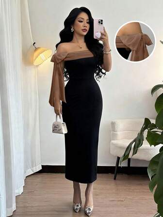 Rafferiza Elegant, Asymmetrisk Lång Klänning med Rosettdekoration