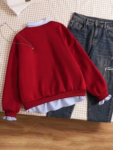 Teen Girl Casual Pullover Sweatshirt, Versatile For School & Commute, 2 In 1 Sweatshirt With Shirt Collar, Numeric & Letter, Leopard Print Pattern, Loose Fit - Burgundy - View 2