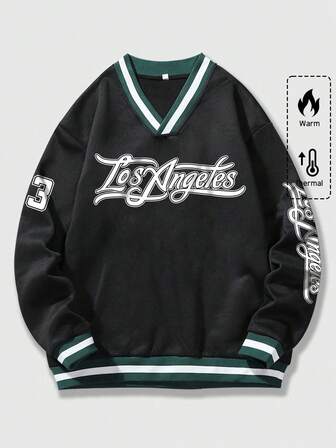 Prep Felpa casual da uomo con scollo a V, stampa a lettere e patchwork, per autunno e inverno