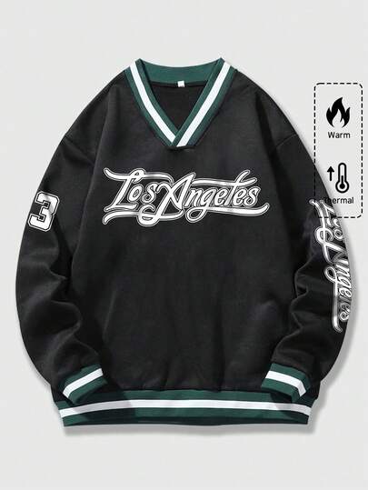 Prep Herren einfarbiges Patchwork V-Ausschnitt Buchstaben-Muster Lässig Langarm Sweatshirt, für Herbst und Winter