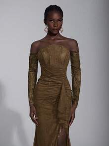 Elitara Elegant Luxurious Stretchy Lace Off-Shoulder Strapless Dress With Detachable Sheer Sleeves, Ruffle Hem And Sexy Slit, Suitable For Weddings, Events, Parties, Vacations, Galas, And Formal Occasions, Valentine's Day - Olive Green - View 7