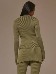 MUSERA Two Tone Knit Fitted Long Sleeve Top Cool Girl, Streetstyle, Cute, , , Winter - Army Green - View 4