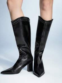 Sugerpunk Women's Autumn Fashion Rivet Detail Pointed Toe Chunky Heel Knee-High Boots - Black - View 1