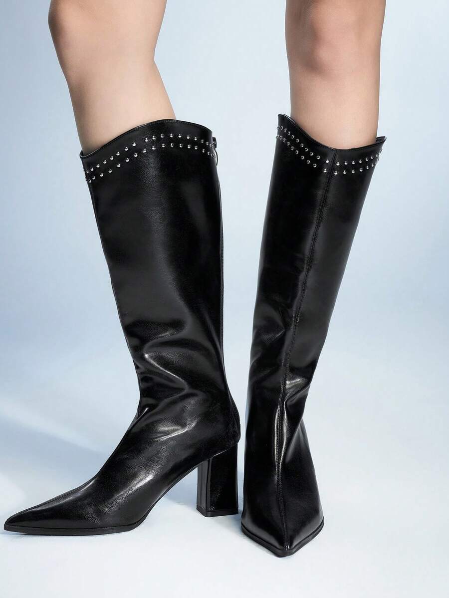 Sugerpunk Women's Autumn Fashion Rivet Detail Pointed Toe Chunky Heel Knee-High Boots - Black - View 1