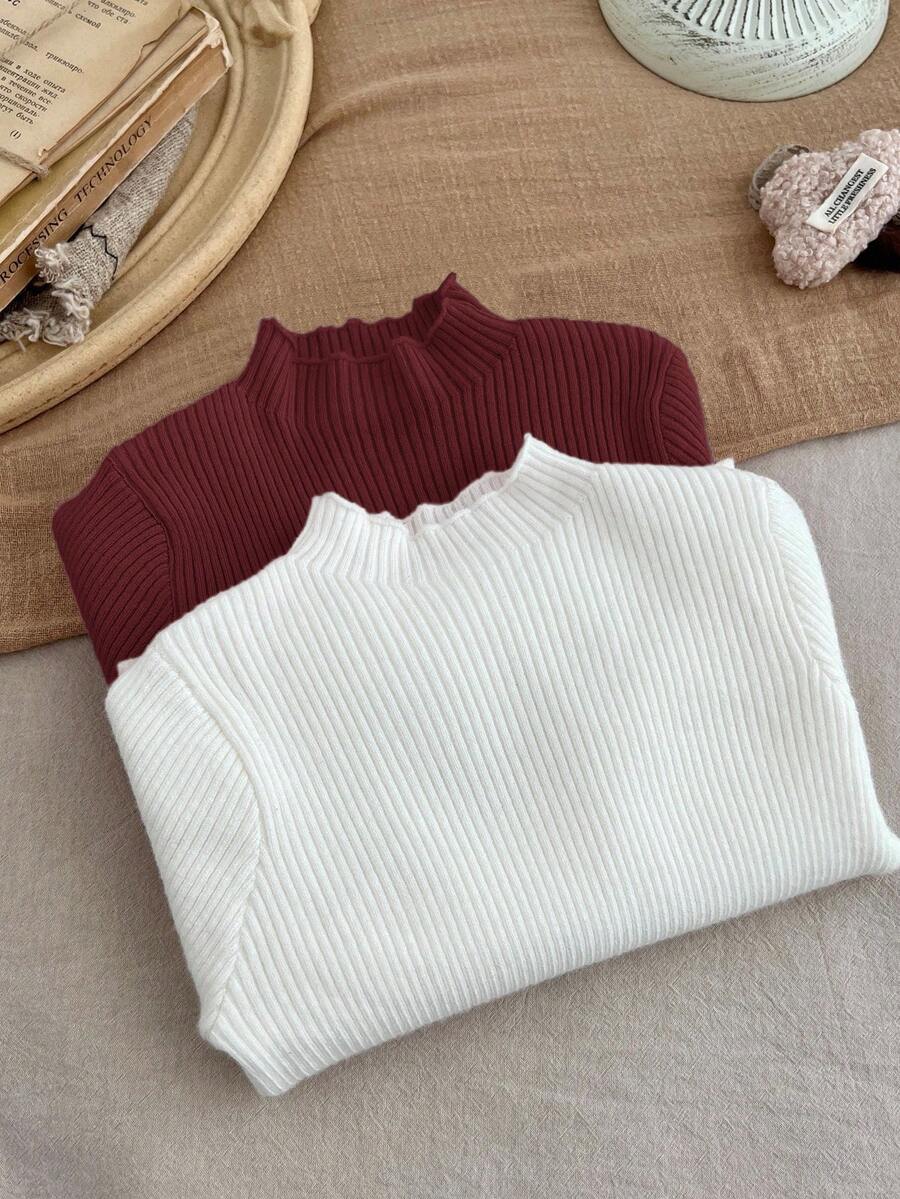 SHEIN LMoss Kids LMoss 多件装女婴高领长袖修身套头毛衣 - 紅色 - 查看 1