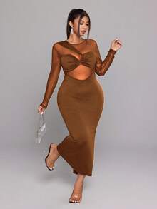 NU&NOW 大码女式长袖圆领网纱拼接紧身性感派对连衣裙 - 棕色 - 查看 3