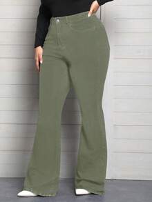 EMERY ROSE Plus Size Women Elastic Waist Pockets Casual Flared Jeans - Army Green - View 4