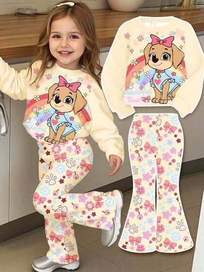 SHEIN Happikins Vintage Cute Puppy Print, Rainbow Bow Floral Graphic, Autumn Vibe Tracksuit, Baby Girl Casual Minimalist Soft Knit Pullover Sweatsuit Set, Suitable For Autumn/Winter, Home, Christmas Party