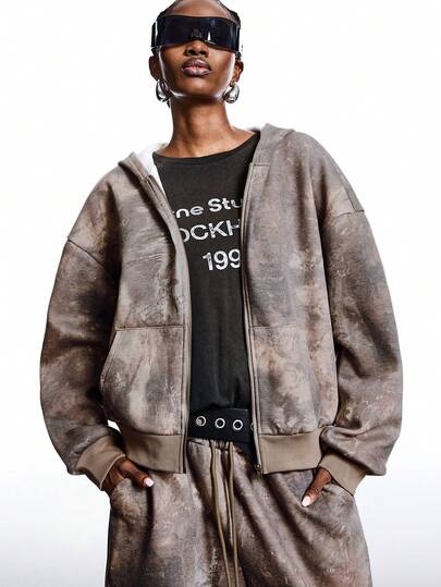 LYSMO X NEON BLANC Collab 2025 New Arrive Minimalism Fall Winter  Women's Tie-Dye Drop Shoulder Long Sleeve Zip Front Casual Hoodie, Autumn/Winter Loungewear Women Lounge Wear Co Ords Sets Women Pants Suits For Woman Long Sleeve Jumpsuits For Woman,Christmas Oversized Jacket Bomber Jacket Brown Hoodie Jacket Y2k Streetwear For Women