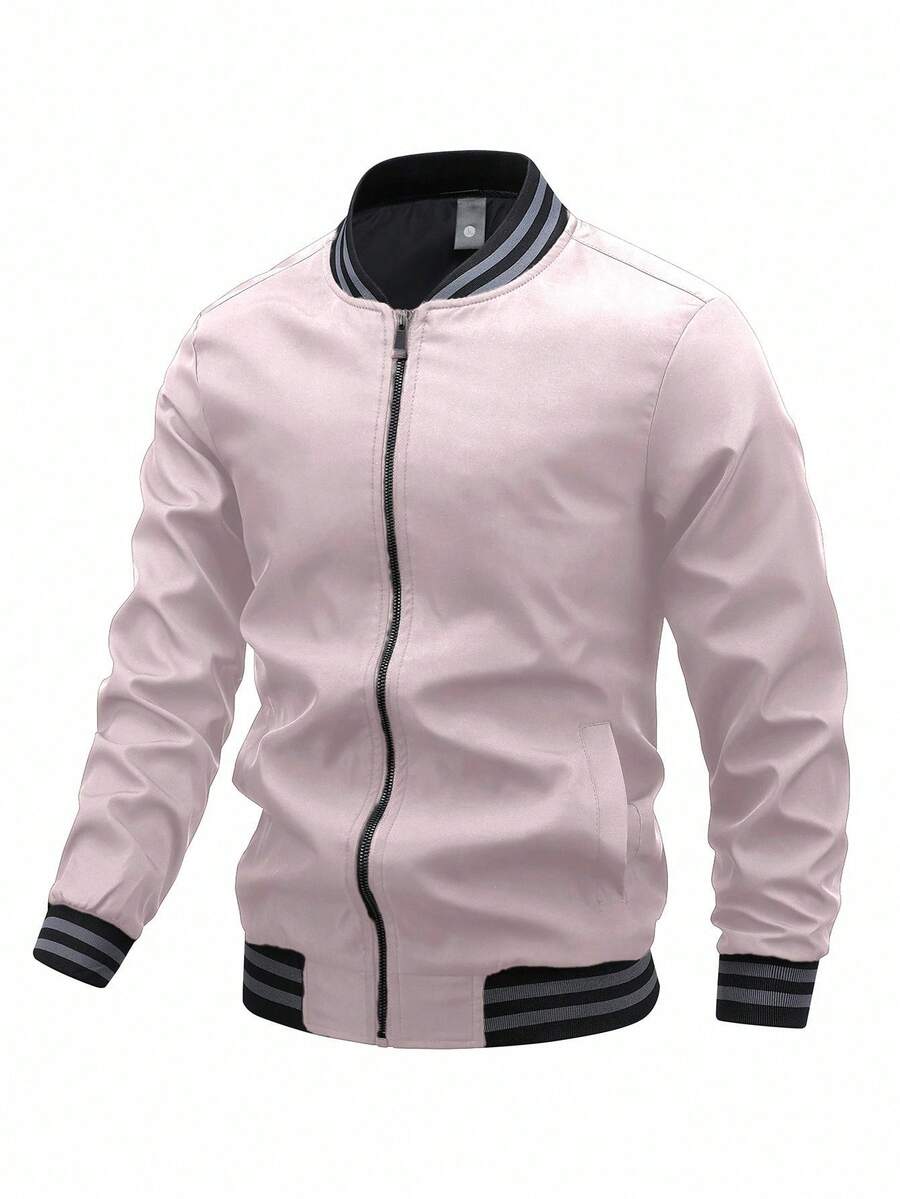 Manfinity Homme Loose Fit Men's Striped Trim Zip-Up Varsity Long Sleeve Jacket - Pink - View 1
