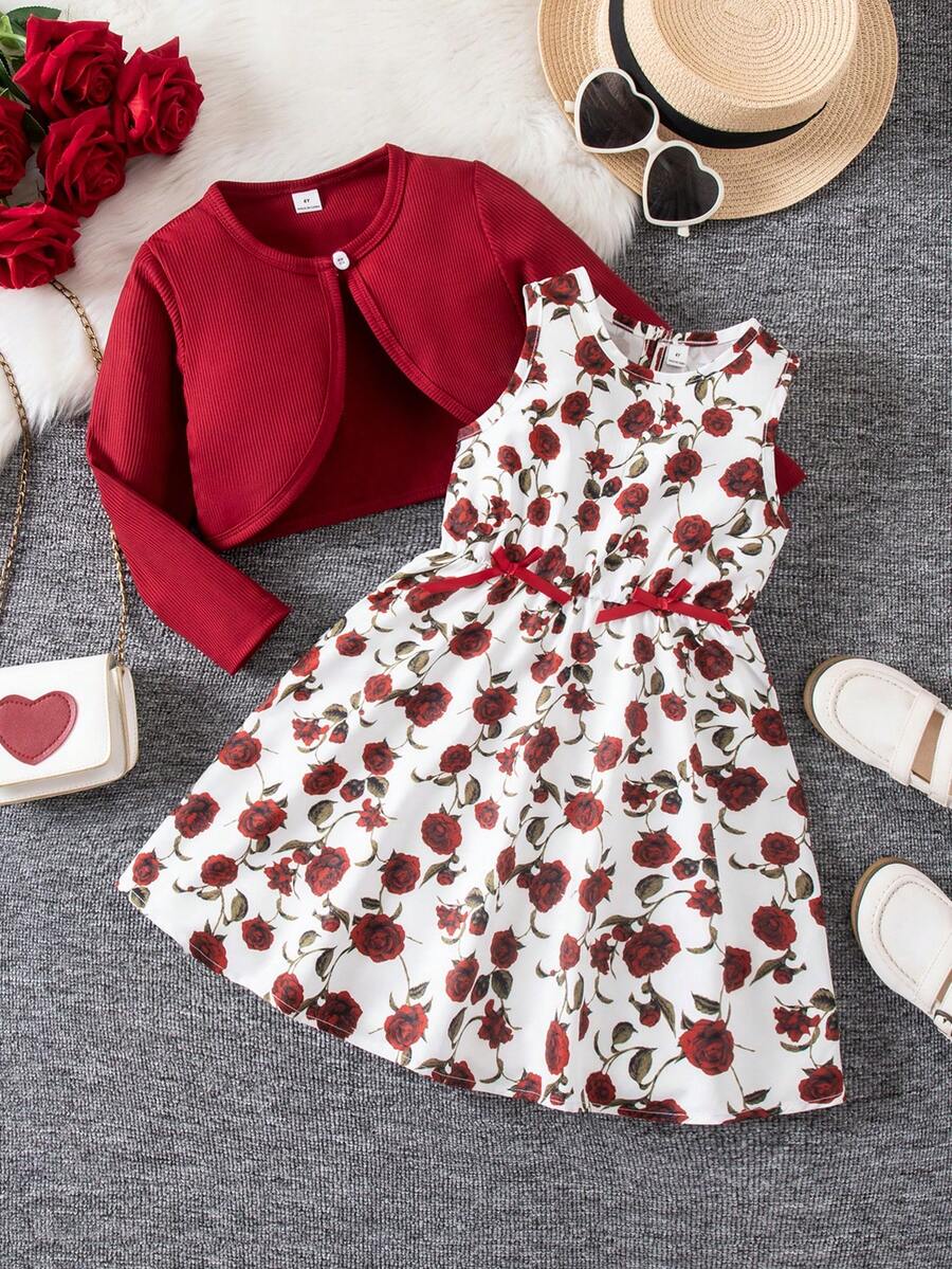 SHEIN 2pcs/Set Young Girls ' Blue Floral Porcelain Print Dress & Ruffle Trim Cardigan - Multicolor - View 1