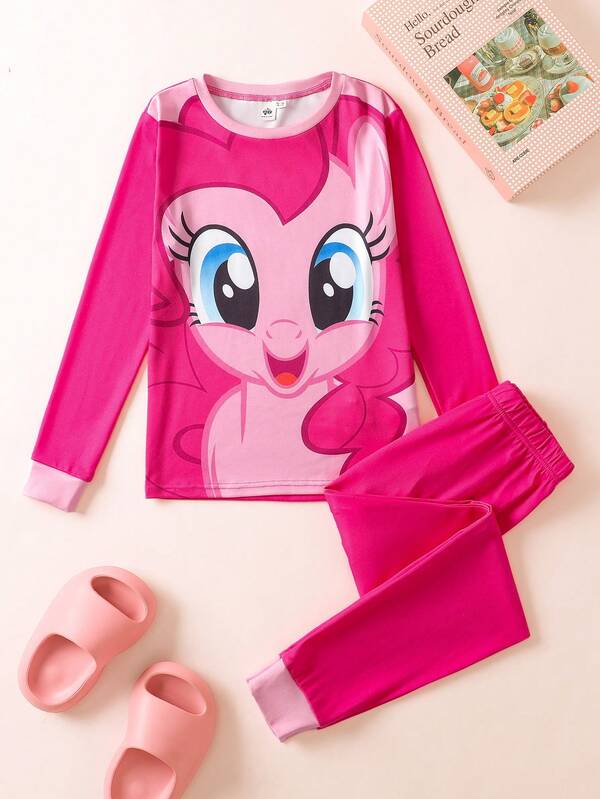 My Little Pony X SHEIN Set de pijama casual de 2 piezas con top de manga larga y pantalones de punto elástico con estampado de poni rosa lindo de dibujos animados para niñas preadolescentes