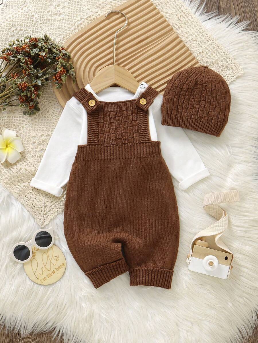 SHEIN Vintaside Kids 男嬰綠色極簡可愛休閒復古連帽連身衣 秋季套裝 棕色女嬰針織保暖毛衣連身褲 親子套裝 - 咖啡棕 - 查看 1