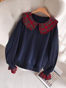 CosyJoli Plus Size Women Casual Plaid Collar Sweatshirt,/Christmas Navy Blue Spring - Navy Blue - View 6