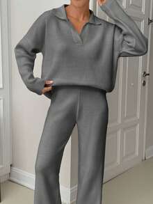 EURMUSE Woman Loose Fit Comfy Warm Thick Polo Neck Sweater And Pants Co-Ords Two Pieces Set - Grey - View 7