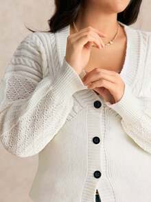 EMERY ROSE 女式休闲纯色宽松 V 领长袖大码开衫毛衣、外套、冬季服装 - 杏色 - 查看 5