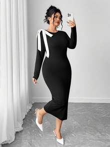 Elenzga Vestido de fiesta elegante con bloque de color y lazo para mujer de talla grande - Negro - Ver 7