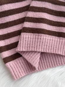 SHEIN Sparklyn 两件套：优雅法式粉色条纹彼得潘领针织上衣 + 针织裤，秋冬款 - 粉色 - 查看 6