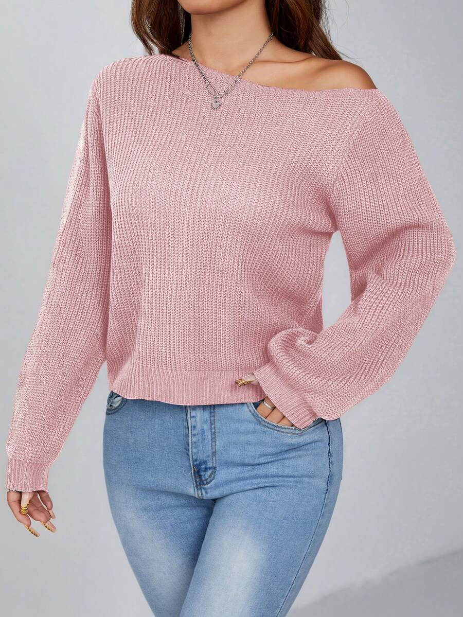 SHEIN PETITE 女款灰粉色針織套頭毛衣,落肩不對稱領口休閒上衣,適合秋冬冬季約會,時尚女裝,適合嬌小女性 - 粉色 - 查看 1