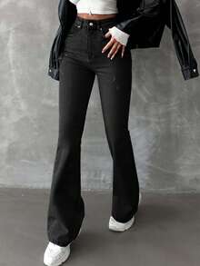 SHEIN Tall TALL 98%Cotton Solid Color Slanted Pocket Casual Flared Jeans Flare Jeans Women Black Flare Jeans Black Flare Pants Wide Leg Jeans - Dark Wash - View 6