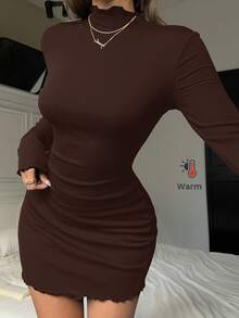 SHEIN EZwear 棕色针织弹力加厚修身基本款女式连衣裙，秋冬款 - 巧克力棕 - 查看 7