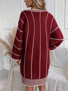 SHEIN LUNE 秋冬季条纹图案落肩毛衣连衣裙 - 酒紅色 - 查看 2
