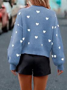 SHEIN LUNE Women's Casual Heart Pattern Drop Shoulder Sweater, Autumn/Winter - Dusty Blue - View 2