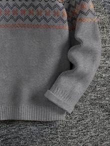 SHEIN 男童休闲百搭针织复古几何图案连帽衫，秋冬季 - 淺灰色 - 查看 3