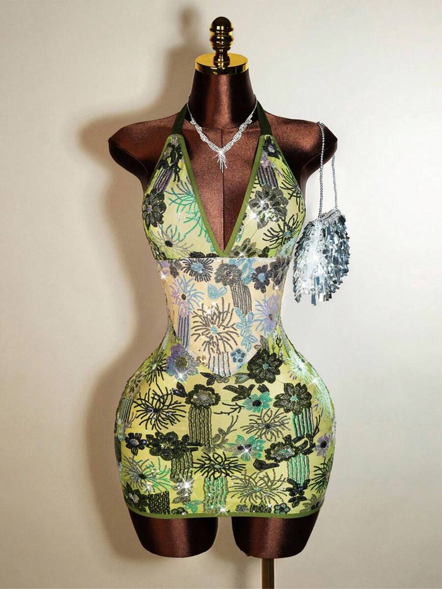 Mistrie Women's New Sexy Sleeveless Halter Neck Mini Dress With Sequin Fabric – Perfect For Parties, Dates, Halloween & Music Festivals, Glamorous & Eye-Catching