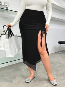 Muchica 大码时尚性感纯色高开衩不对称下摆半身裙 - 黑色 - 查看 4