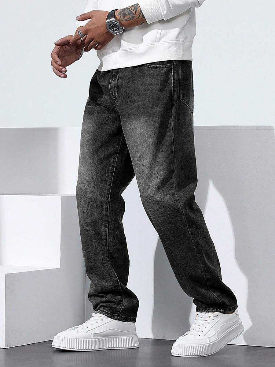 RONVEXI Men's Black Denim Long Straight Leg Jeans, A Timeless Classic For Casual Wear Mens Demin Plus Size Men Jeans Men Straight Leg Jeans Men Jeans Loose Fit Baggy Jeans Men - Black - View 1