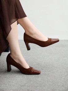 CUCCOO BIZCHIC Women's Square Toe Fashionable Versatile High Heels For Daily Commute - Coffee Brown - View 2