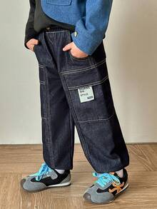 Genkimix Kids 男童休闲水洗深蓝色工装牛仔裤，儿童时尚必备单品 - 深色水洗藍 - 查看 6