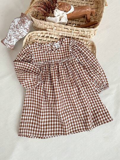 SHEIN 1pc Baby Girls' Long Sleeve Brown Vintage Plaid Dress, Korean Casual Versatile Forest Style Loose Lantern Sleeve Babydoll Mini Dress, Suitable For Spring And Autumn Outfits
