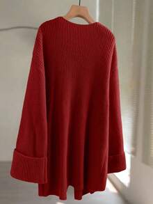 GlowEve CURVE 加大码女式金属纽扣装饰纯色针织开衫，休闲百搭，适合圣诞节、万圣节、返校、度假、办公室 - 紅色 - 查看 2