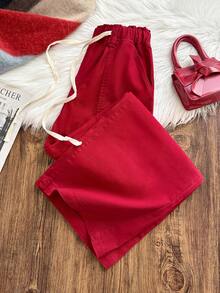 Comfortcana Quần jean ống rộng ống rộng, túi rút eo cho nữ, quần jean đỏ Giáng sinh năm mới mùa đông, quần jean Giáng sinh thanh lịch - Màu Đỏ Sâu - Xem 3