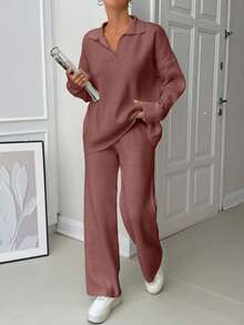 EURMUSE Woman Loose Fit Comfy Warm Thick Polo Neck Sweater And Pants Co-Ords Two Pieces Set - Dusty Pink - View 3