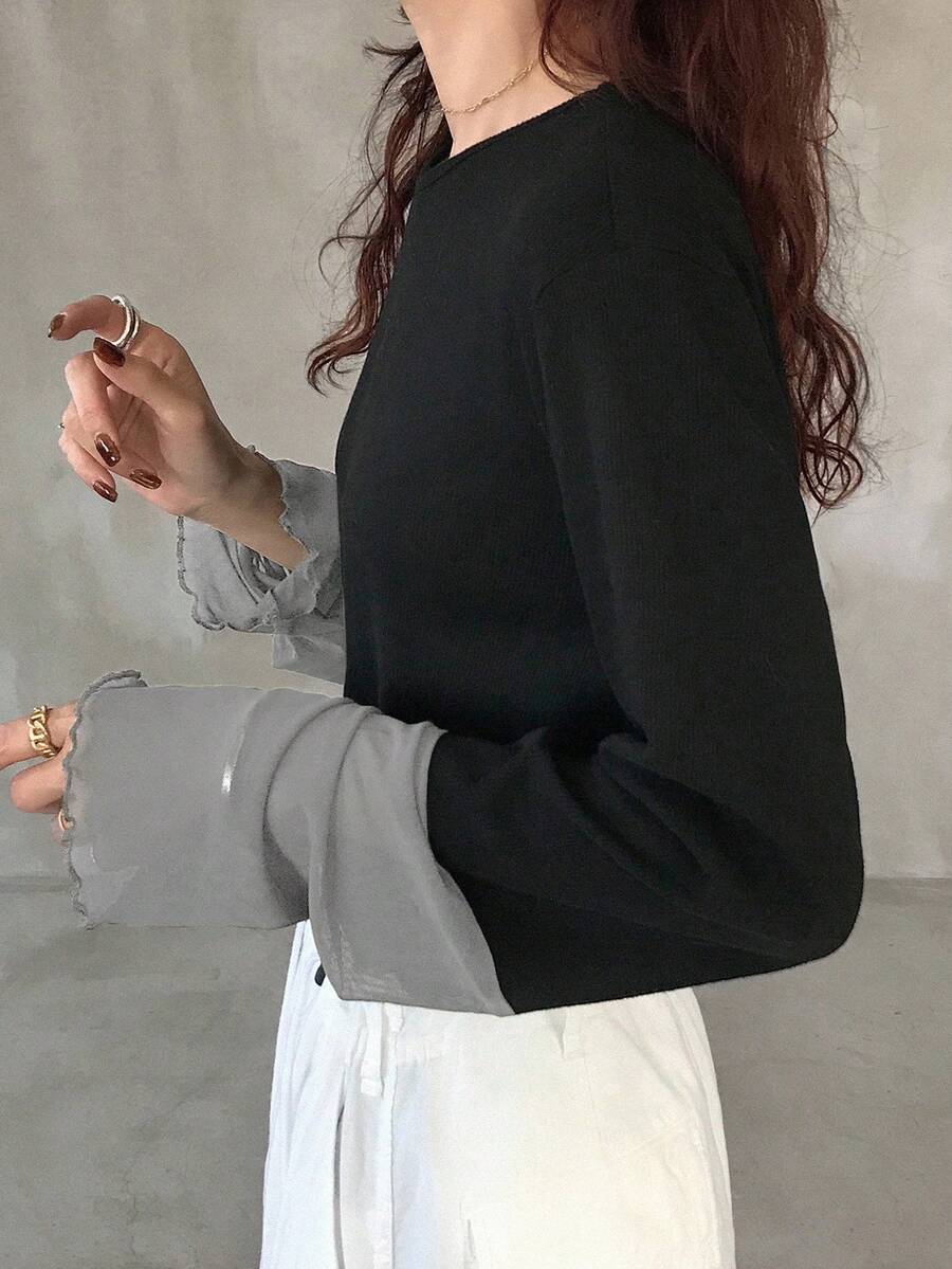 FRIFUL 女士圆领插肩拼接撞色薄纱长袖宽松休闲套头卫衣，适合秋季穿着 - 灰色 - 查看 1