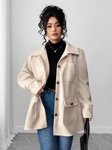 SHEIN CURVE+ Áo khoác nhiều túi trơn màu thường ngày dành cho nữ - Màu be - Xem 1