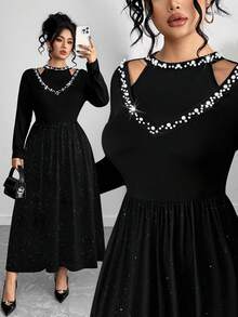Elenzga Maxikleid in Große Größen für Damen mit Doppelkragen-Design, Langarm, elegant, mit Perlen besetzt - Schwarz - Übersicht 5