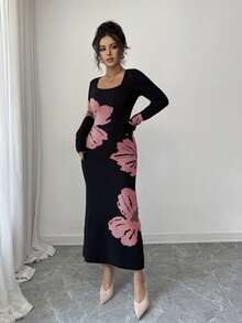 Elenzga Square Neck Jacquard Knit Bodycon Waist Sweater Dress - Watermelon Pink - View 5