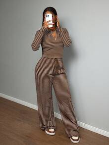 Slaydiva 女士休闲通勤撞色条纹印花半拉链长袖T恤和抽绳阔腿裤两件套，春秋季 - 棕色 - 查看 6
