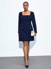 Maija Plus Size Women's Solid Color Square Collar Vintage Elegant Long Sleeve Dress, Suitable For Urban Commute, Business, Casual, Christmas, New Year Party Navy Blue Plus Size Dress Square Neck Dress Long Sleeve Dress Plus Dress With Pockets Curve Blazer Dress Plus Size - Navy Blue - View 3
