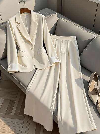 Regalyn Plus Size Women's Popular Solid Color Contrast Collar Long Sleeve Commuter Suit Set, Elegant Fitted Tailored Design, Metal Button Decor, Versatile For Women In Autumn/Winter