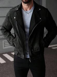 Manfinity Roughcore Men's Medium Blue Mature Street Style Denim Long Sleeve Jacket With Collar And Zipper - Black - View 4