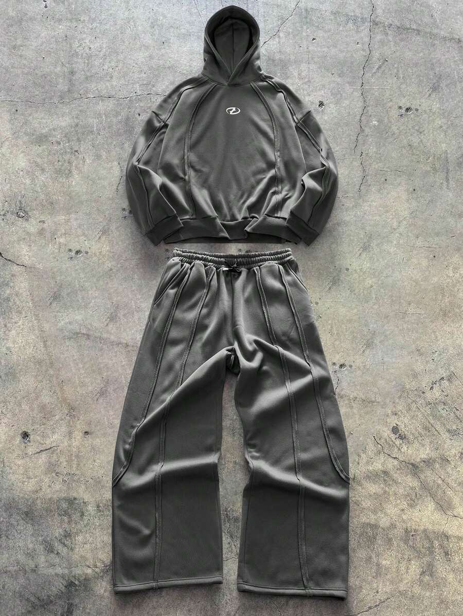 AXEPEAK 男士纯色落肩长袖连帽抽绳休闲时尚套头卫衣套装 - 灰色 - 查看 1